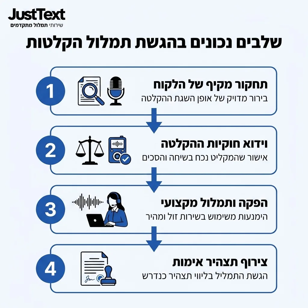אינפוגרפיקה — שלבים נכונים בהגשת תמלול הקלטות: תחקור מקיף של הלקוח, וידוא חוקיות ההקלטה, הפקה ותמלול מקצועי, צירוף תצהיר אימו