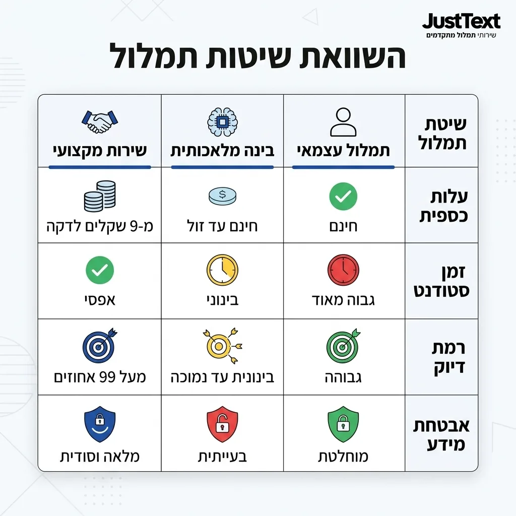 אינפוגרפיקה — השוואת שיטות תמלול: השוואה בין תמלול עצמאי, בינה מלאכותית, שירות מקצועי