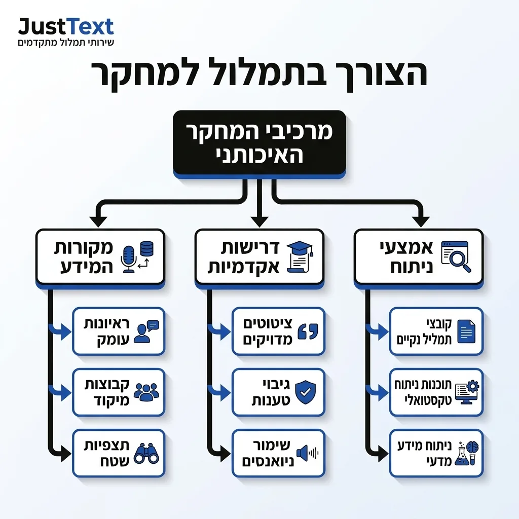 אינפוגרפיקה — הצורך בתמלול למחקר: מרכיבי המחקר האיכותני