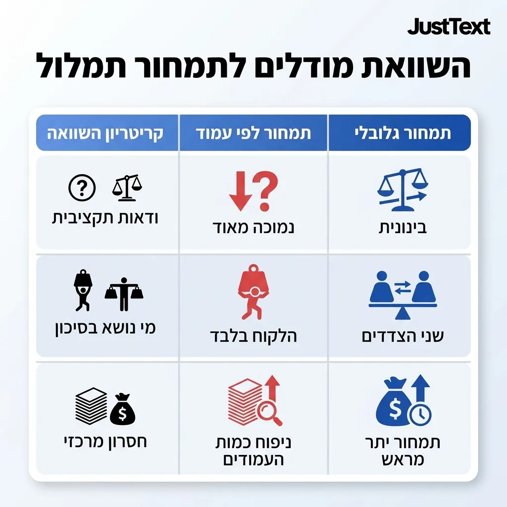 אינפוגרפיקה — השוואת מודלים לתמחור תמלול: השוואה בין תמחור לפי עמוד, תמחור גלובלי