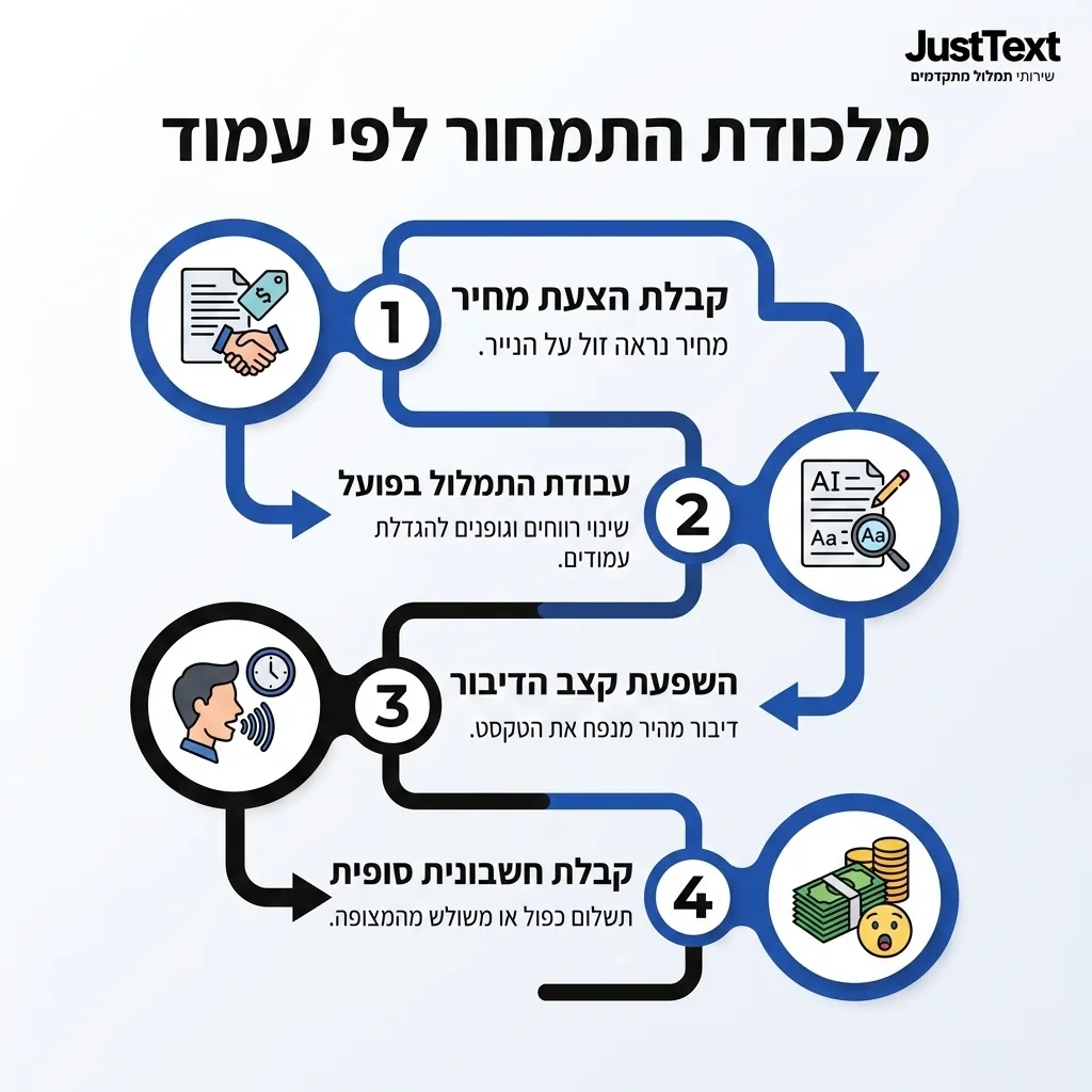 אינפוגרפיקה — מלכודת התמחור לפי עמוד: קבלת הצעת מחיר, עבודת התמלול בפועל, השפעת קצב הדיבור, קבלת חשבונית סופית
