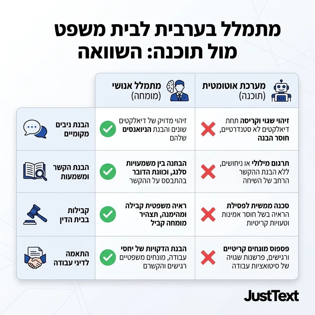 אינפוגרפיקה — מתמלל בערבית לבית משפט מול תוכנה: השוואה בין מתמלל אנושי, מערכת אוטומטית