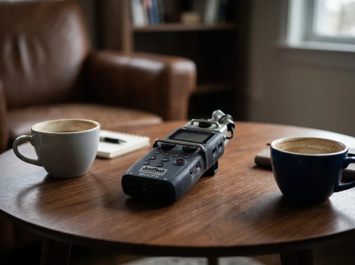 צילום מציאותי פוטו-ריאליסטי של מכשיר הקלטה דיגיטלי איכותי מונח על שולחן עץ בין שתי כוסות קפה, באווירה של ריאיון אחד-על-אחד, תאורה טבעית רכה, עומק שדה רדוד, פוקוס חד על המכשיר