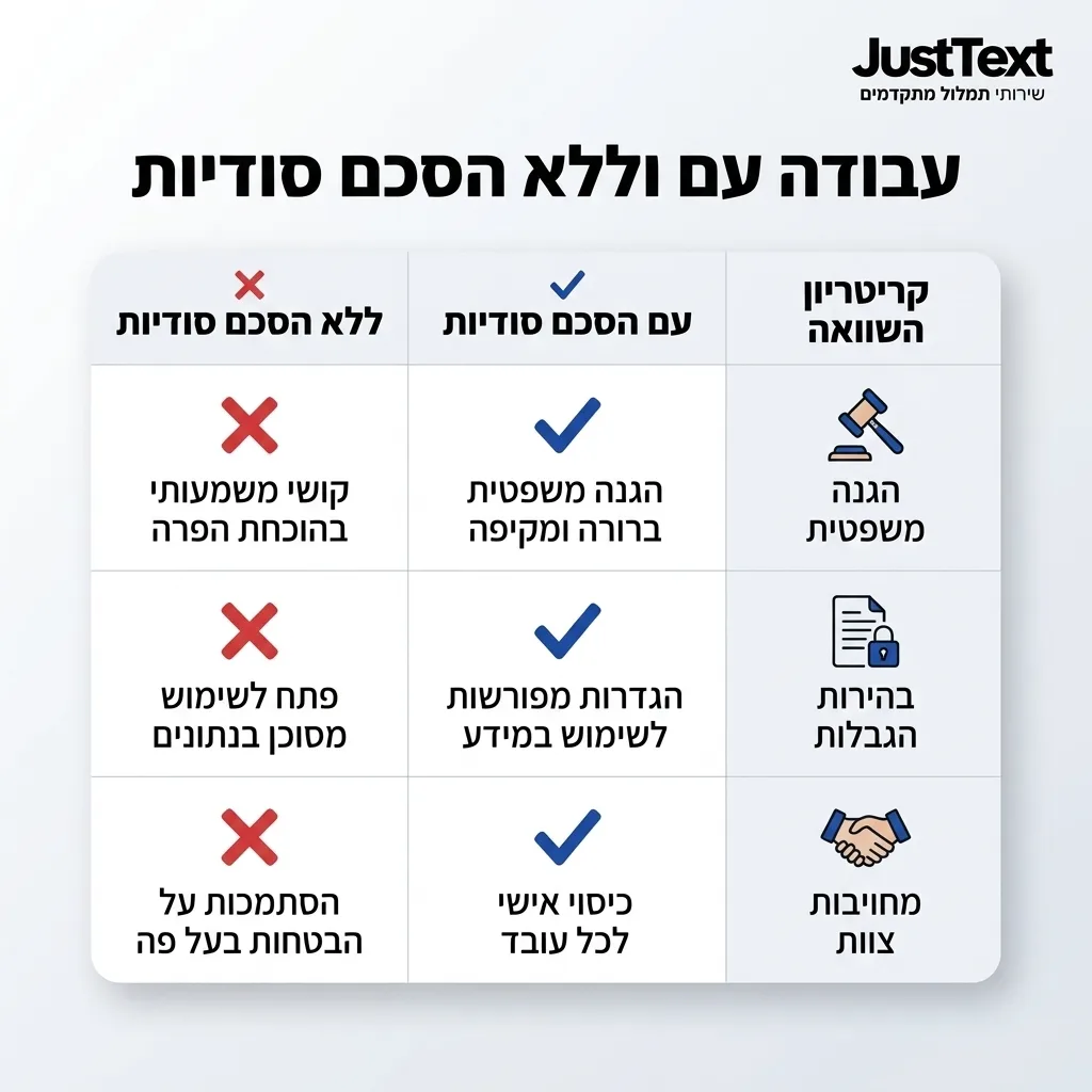 אינפוגרפיקה — עבודה עם וללא הסכם סודיות: השוואה בין עם הסכם סודיות, ללא הסכם סודיות