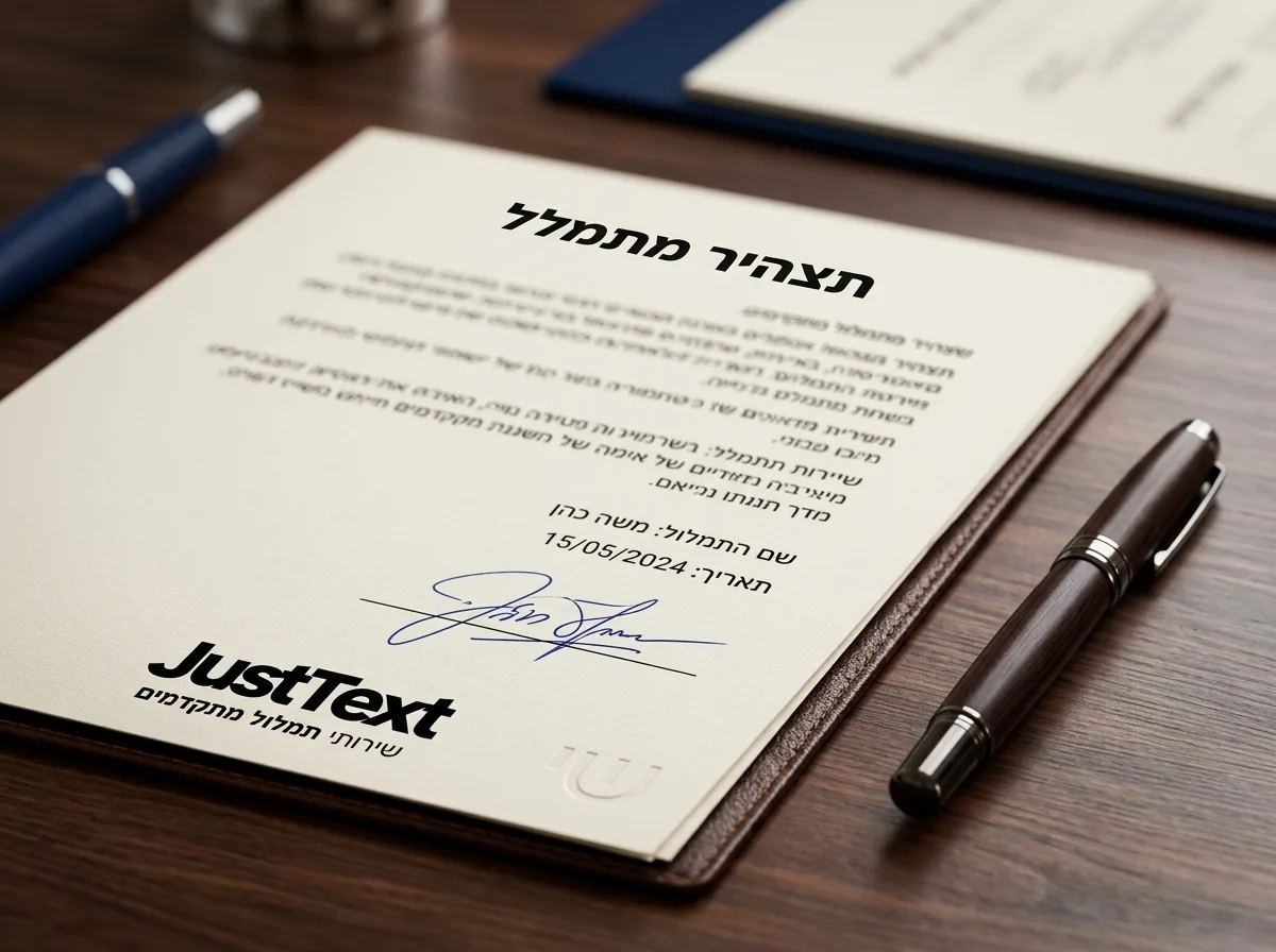 צילום תקריב של מסמך משפטי הנושא את הכותרת 'תצהיר מתמלל', מונח על שולחן עץ לצד עט נובע יוקרתי, פוקוס על חתימת היד בתחתית המסמך
