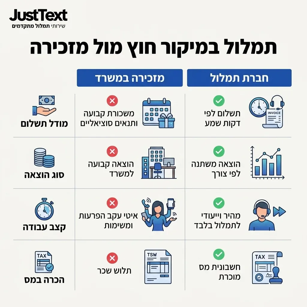אינפוגרפיקה — תמלול במיקור חוץ מול מזכירה: השוואה בין מזכירה במשרד, חברת תמלול