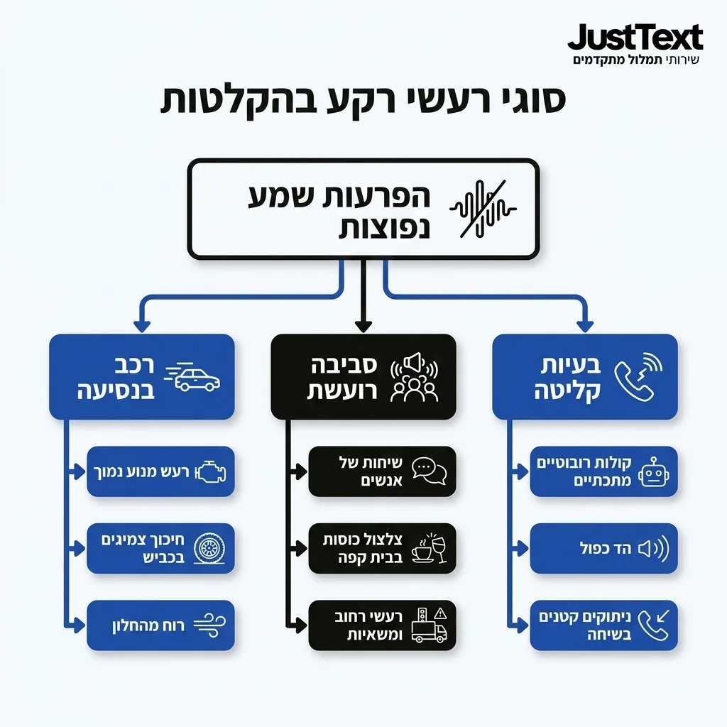 אינפוגרפיקה — סוגי רעשי רקע בהקלטות: הפרעות שמע נפוצות