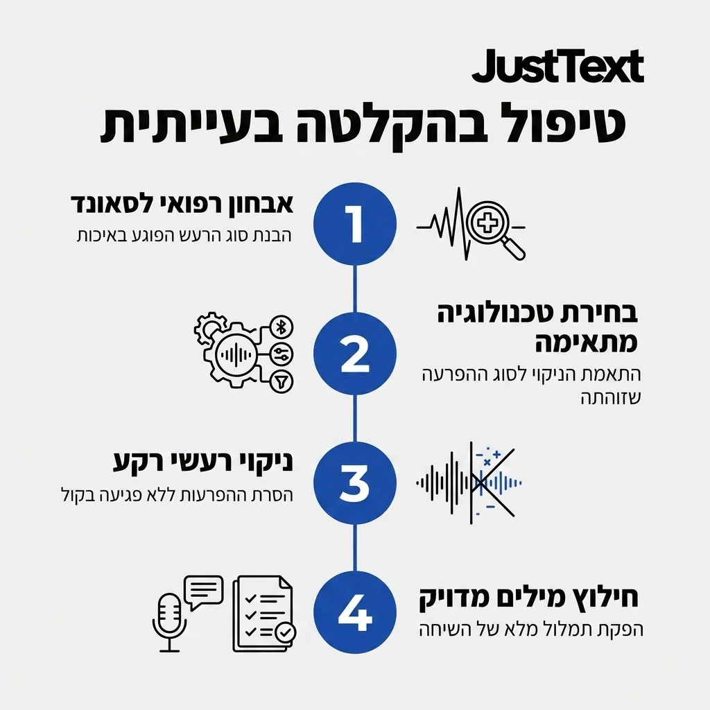 אינפוגרפיקה — טיפול בהקלטה בעייתית: אבחון רפואי לסאונד, בחירת טכנולוגיה מתאימה, ניקוי רעשי רקע, חילוץ מילים מדויק