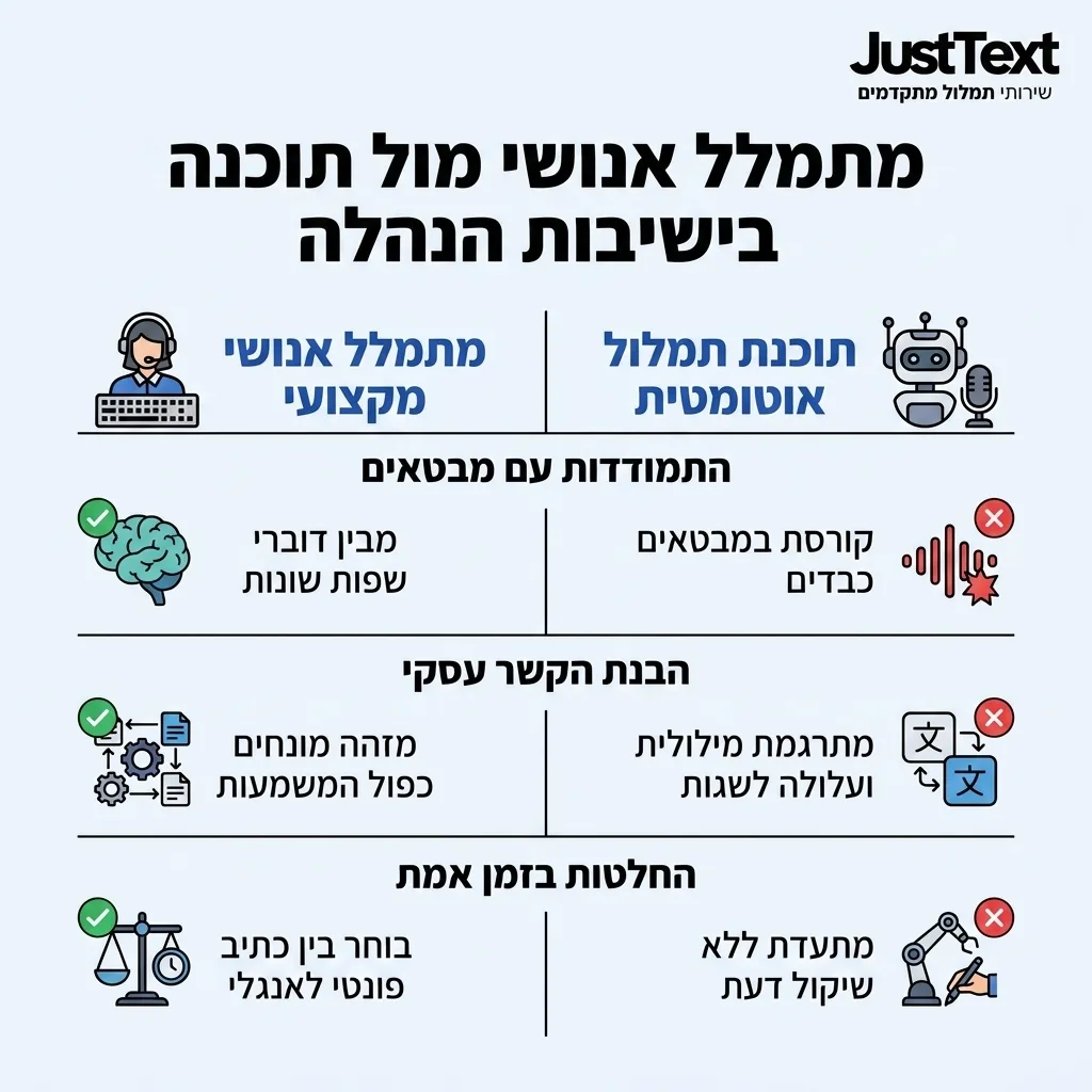 אינפוגרפיקה — מתמלל אנושי מול תוכנה בישיבות הנהלה: השוואה בין מתמלל אנושי מקצועי, תוכנת תמלול אוטומטית