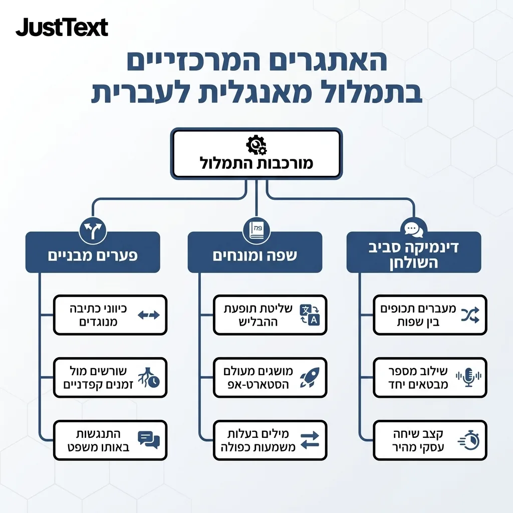אינפוגרפיקה — האתגרים המרכזיים בתמלול מאנגלית לעברית: מורכבות התמלול