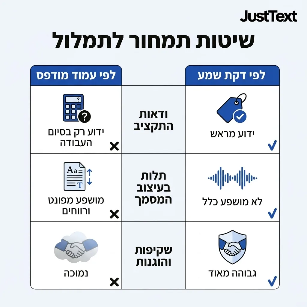 אינפוגרפיקה — שיטות תמחור לתמלול: השוואה בין לפי עמוד מודפס, לפי דקת שמע