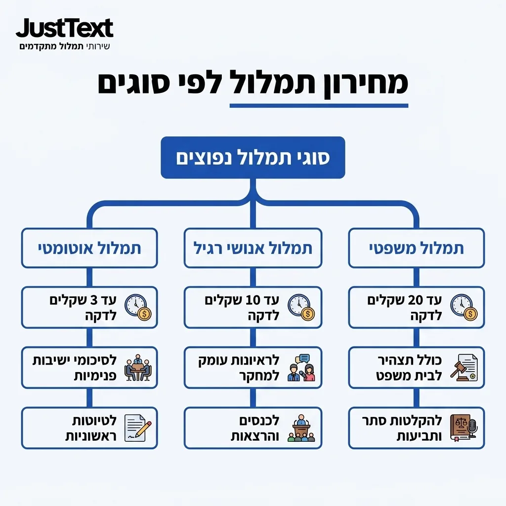 אינפוגרפיקה — מחירון תמלול לפי סוגים: סוגי תמלול נפוצים