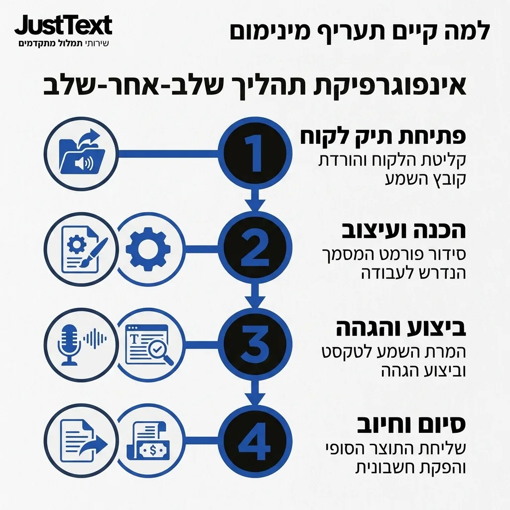 אינפוגרפיקה — למה קיים תעריף מינימום: פתיחת תיק לקוח, הכנה ועיצוב, ביצוע והגהה, סיום וחיוב
