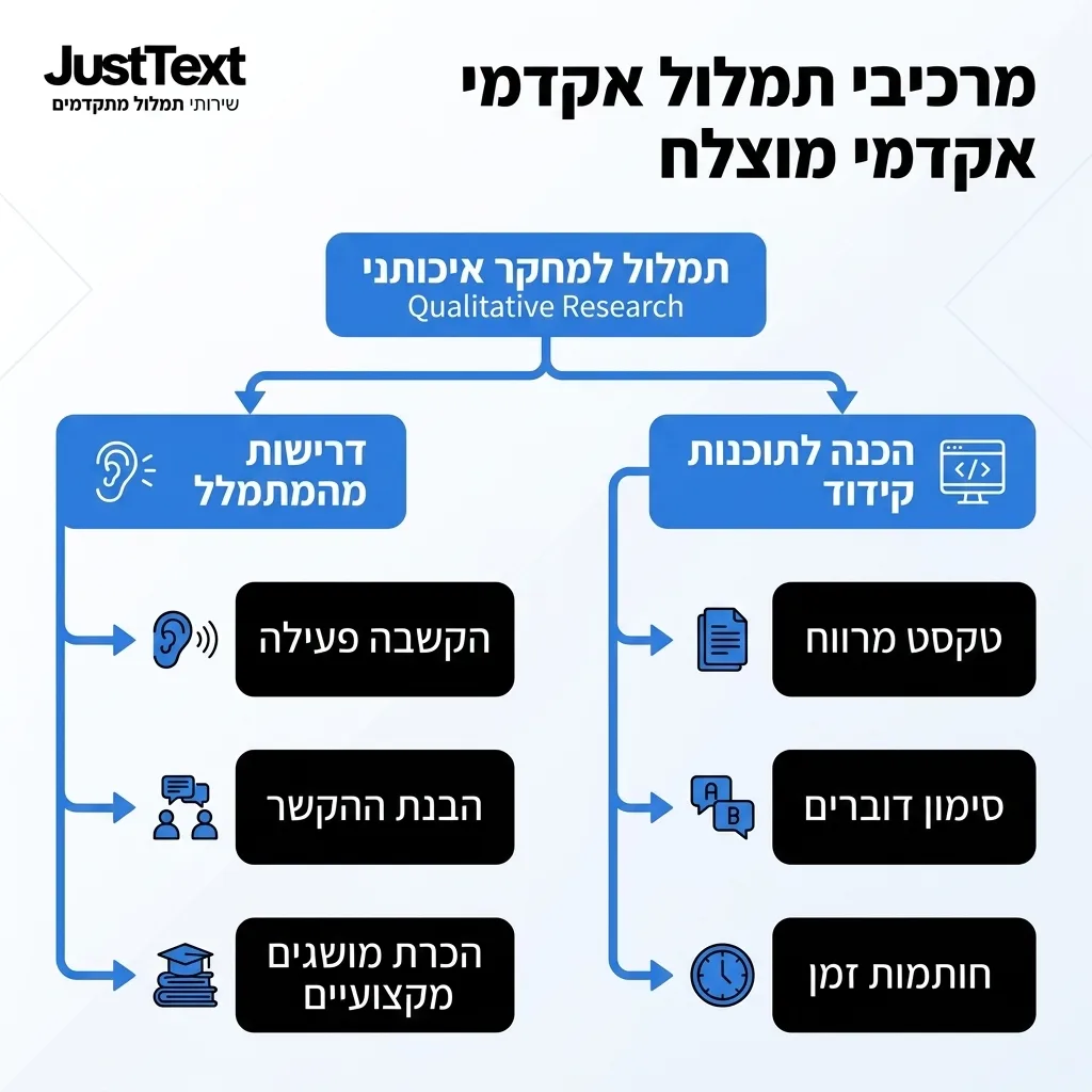 אינפוגרפיקה — מרכיבי תמלול אקדמי מוצלח: תמלול למחקר איכותני
