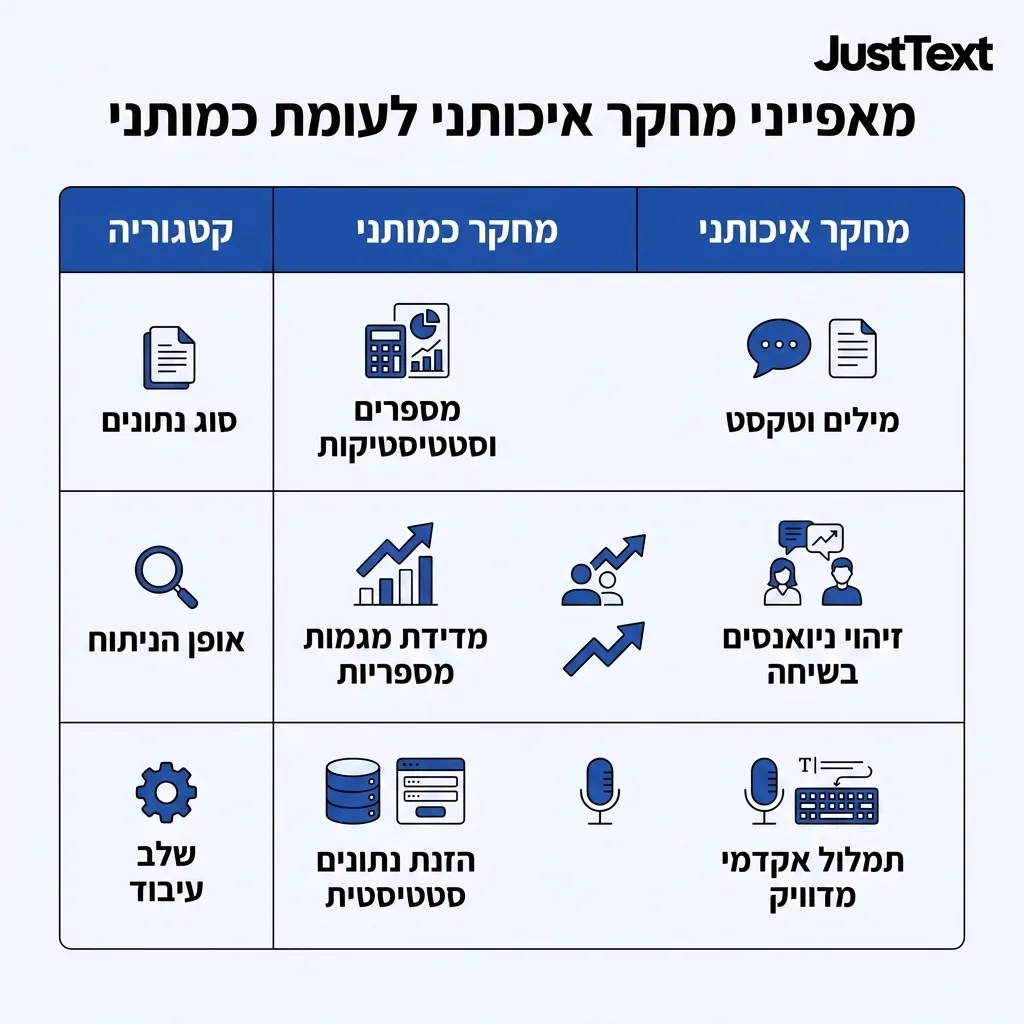 אינפוגרפיקה — מאפייני מחקר איכותני לעומת כמותני: השוואה בין מחקר איכותני, מחקר כמותני