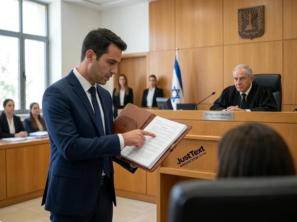 צילום מציאותי וחד של אולם בית משפט ישראלי מואר, עורך דין בחליפה מחזיק קלסר עם תמליל ומצביע עליו מול שופט שיושב בדוכן, תאורה טבעית מבחוץ, אווירה רשמית ורצינית