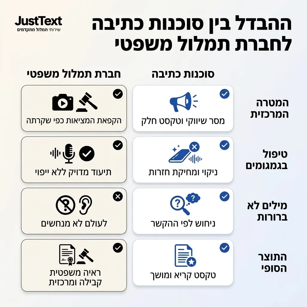 אינפוגרפיקה — ההבדל בין סוכנות כתיבה לחברת תמלול משפטי: השוואה בין סוכנות כתיבה, חברת תמלול משפטי