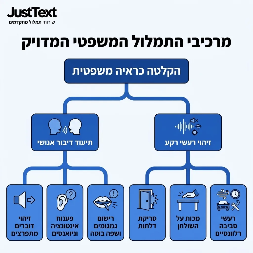 אינפוגרפיקה — מרכיבי התמלול המשפטי המדויק: הקלטה כראיה משפטית