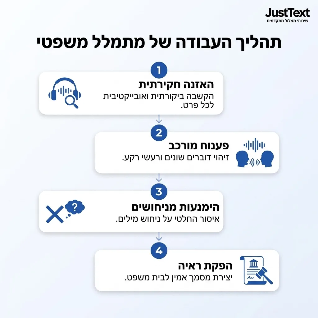 אינפוגרפיקה — תהליך העבודה של מתמלל משפטי: האזנה חקירתית, פענוח מורכב, הימנעות מניחושים, הפקת ראיה