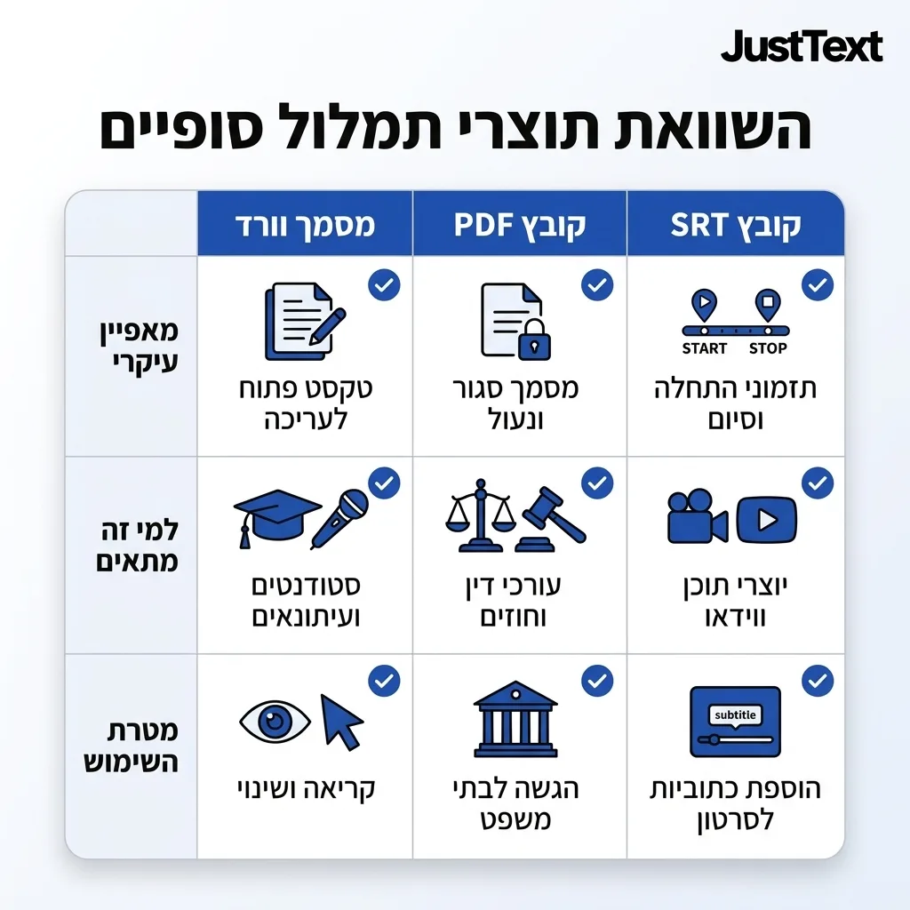 אינפוגרפיקה — השוואת תוצרי תמלול סופיים: השוואה בין מסמך וורד, קובץ PDF, קובץ SRT