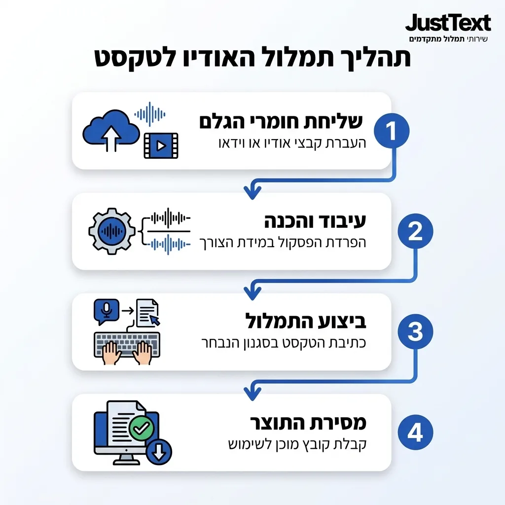 אינפוגרפיקה — תהליך תמלול האודיו לטקסט: שליחת חומרי הגלם, עיבוד והכנה, ביצוע התמלול, מסירת התוצר