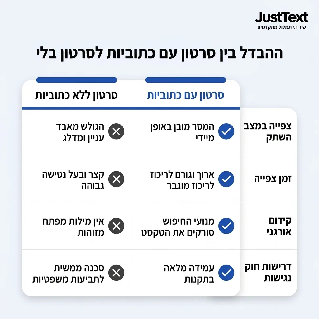 אינפוגרפיקה — ההבדל בין סרטון עם כתוביות לסרטון בלי: השוואה בין סרטון עם כתוביות, סרטון ללא כתוביות