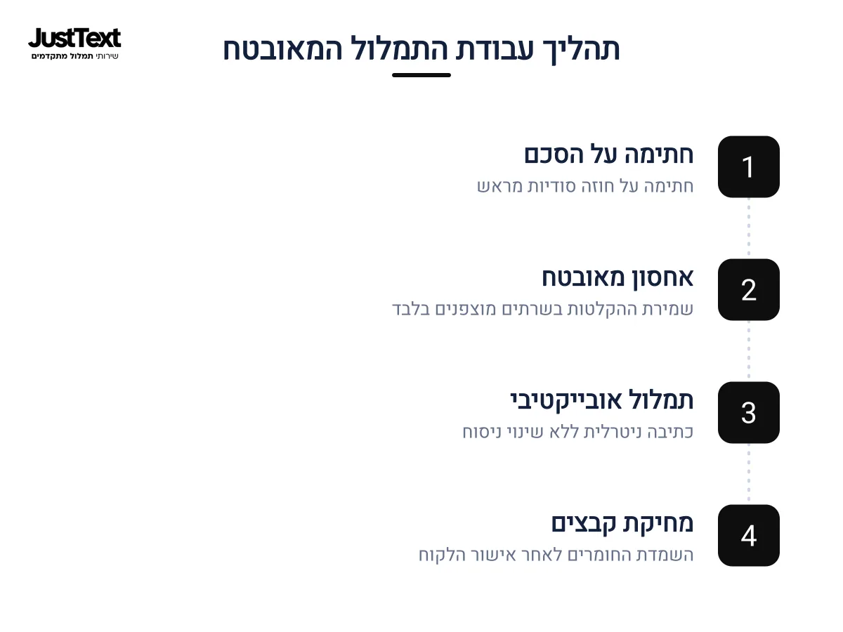 אינפוגרפיקה — תהליך עבודת התמלול המאובטח: חתימה על הסכם, אחסון מאובטח, תמלול אובייקטיבי, מחיקת קבצים