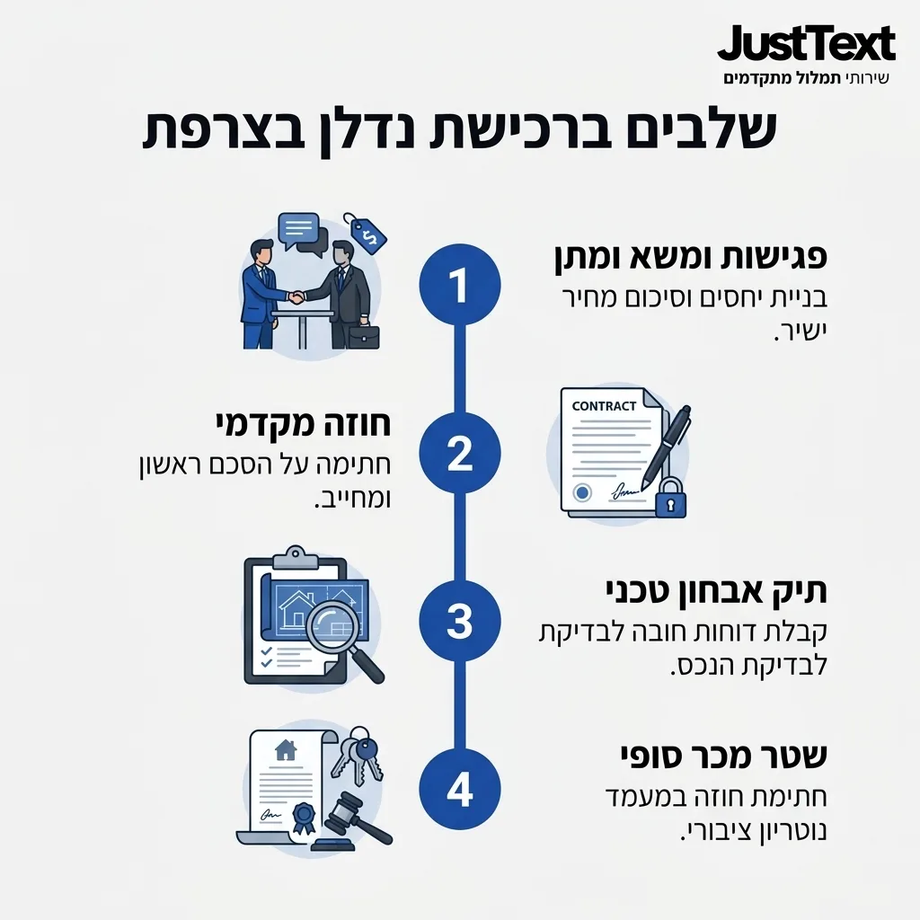 אינפוגרפיקה — שלבים ברכישת נדלן בצרפת: פגישות ומשא ומתן, חוזה מקדמי, תיק אבחון טכני, שטר מכר סופי