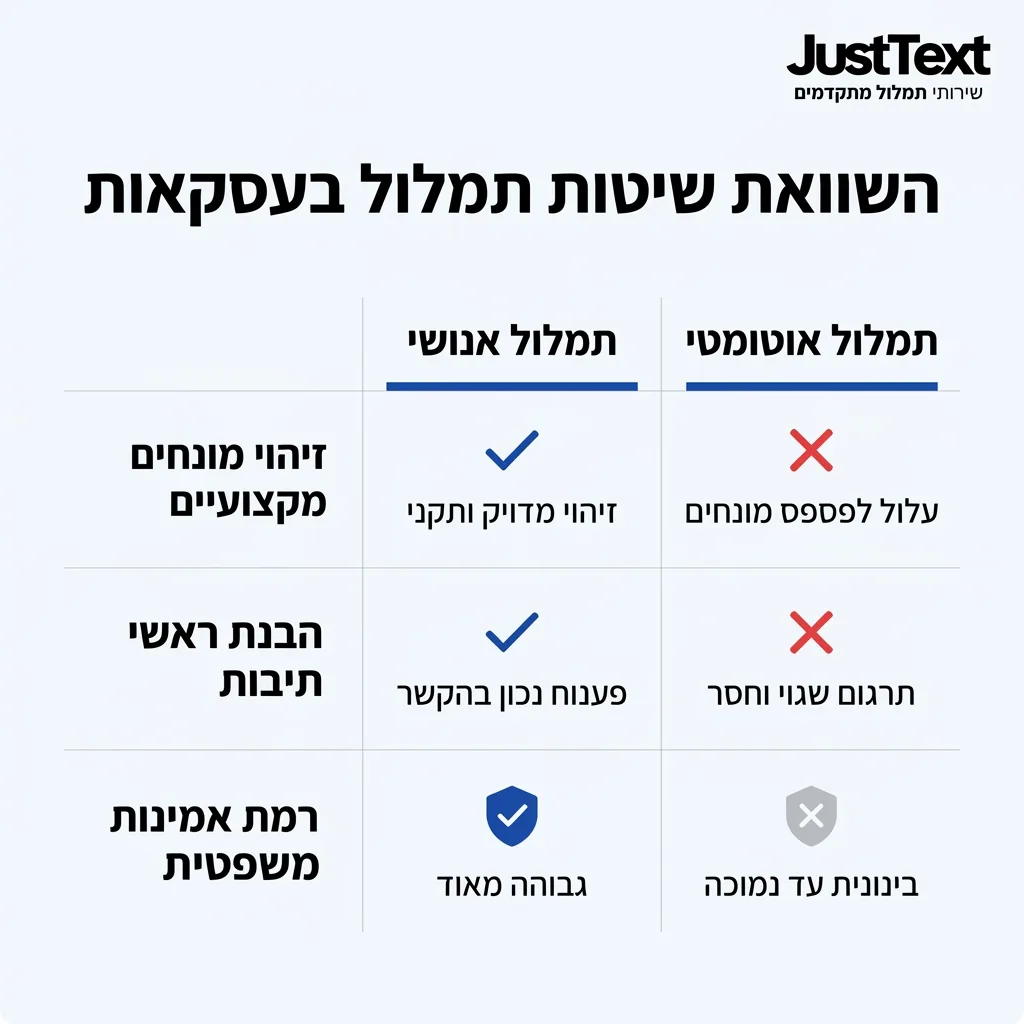 אינפוגרפיקה — השוואת שיטות תמלול בעסקאות: השוואה בין תמלול אנושי, תמלול אוטומטי