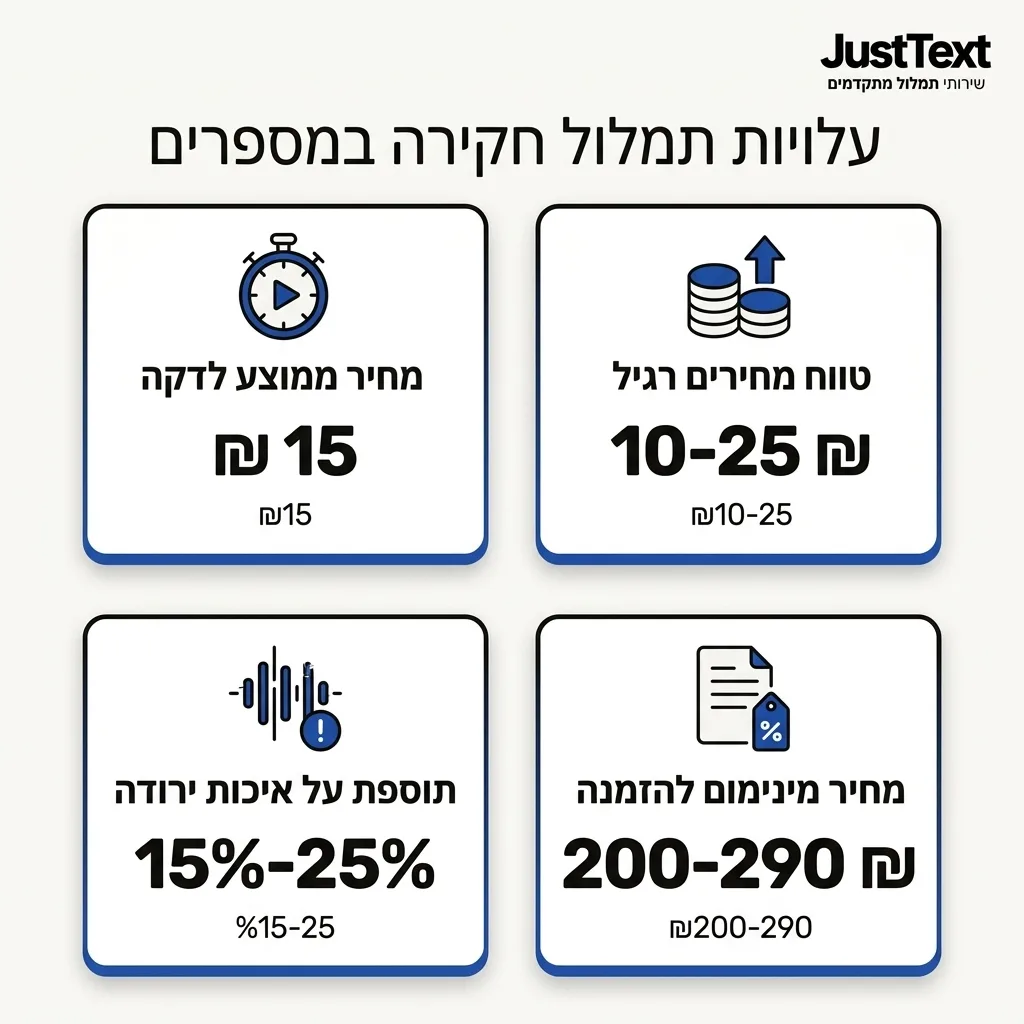 אינפוגרפיקה — עלויות תמלול חקירה במספרים: מחיר ממוצע לדקה, טווח מחירים רגיל, תוספת על איכות ירודה, מחיר מינימום להזמנה