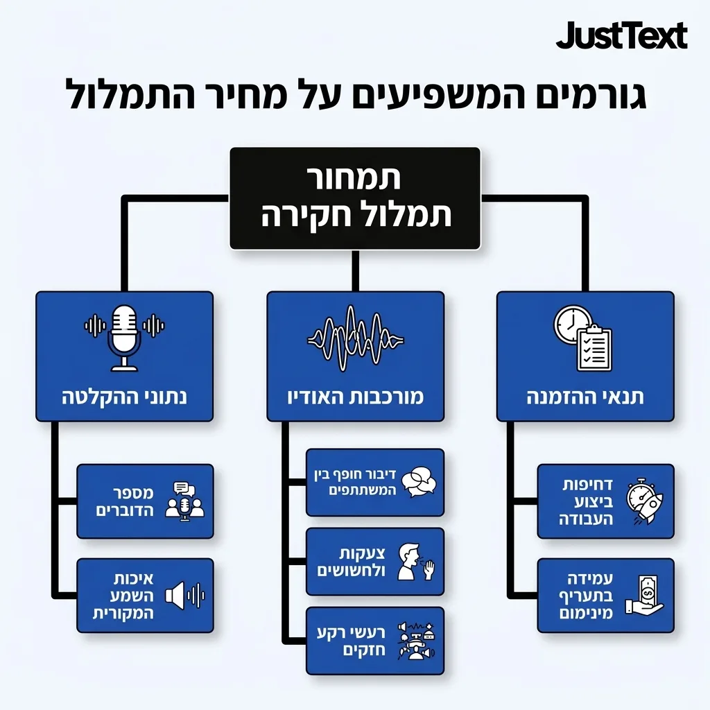 אינפוגרפיקה — גורמים המשפיעים על מחיר התמלול: תמחור תמלול חקירה