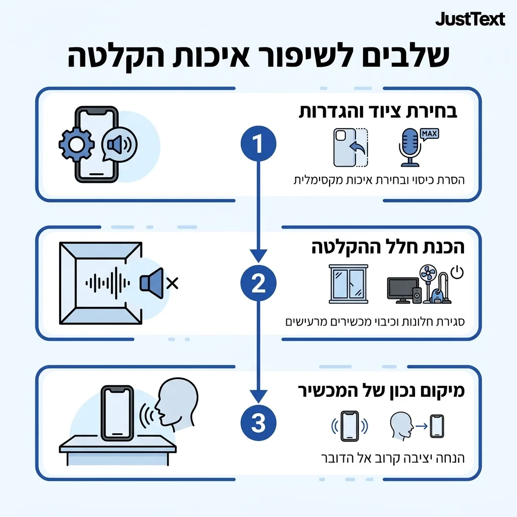 אינפוגרפיקה — שלבים לשיפור איכות הקלטה: בחירת ציוד והגדרות, הכנת חלל ההקלטה, מיקום נכון של המכשיר
