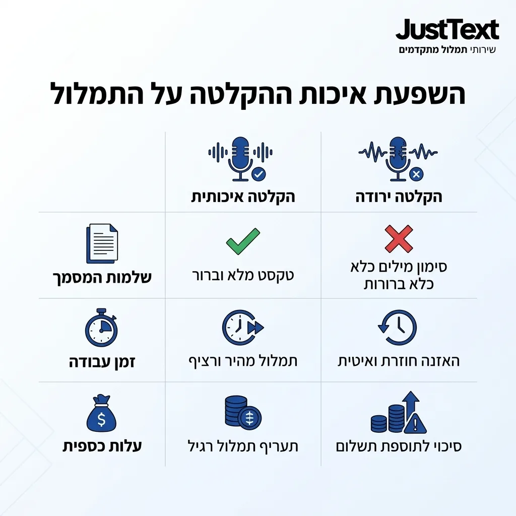 אינפוגרפיקה — השפעת איכות ההקלטה על התמלול: השוואה בין הקלטה איכותית, הקלטה ירודה