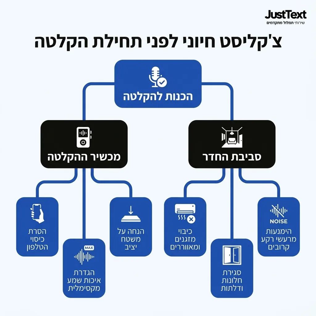 אינפוגרפיקה — צ'קליסט חיוני לפני תחילת הקלטה: הכנות להקלטה