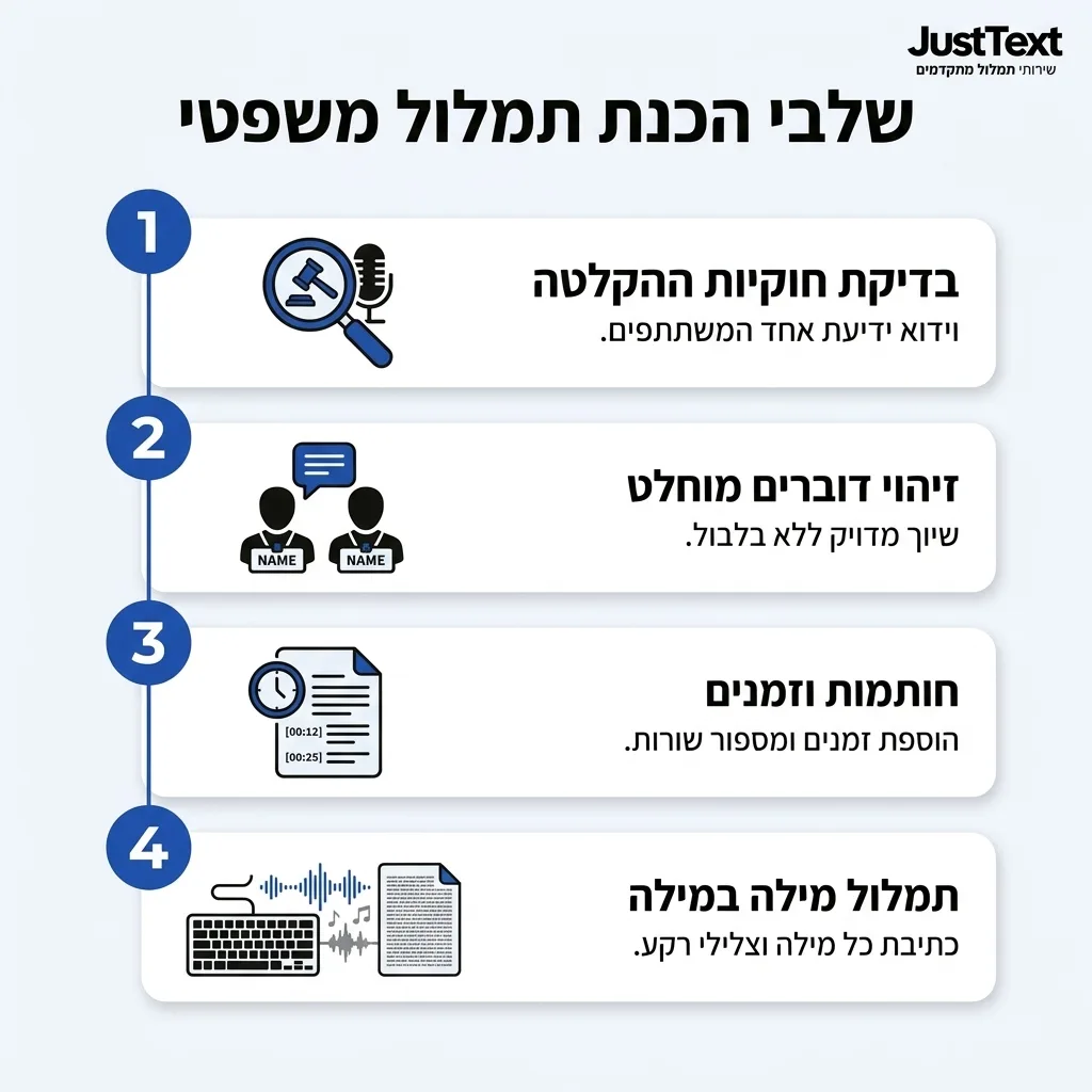 אינפוגרפיקה — שלבי הכנת תמלול משפטי: בדיקת חוקיות ההקלטה, זיהוי דוברים מוחלט, חותמות וזמנים, תמלול מילה במילה
