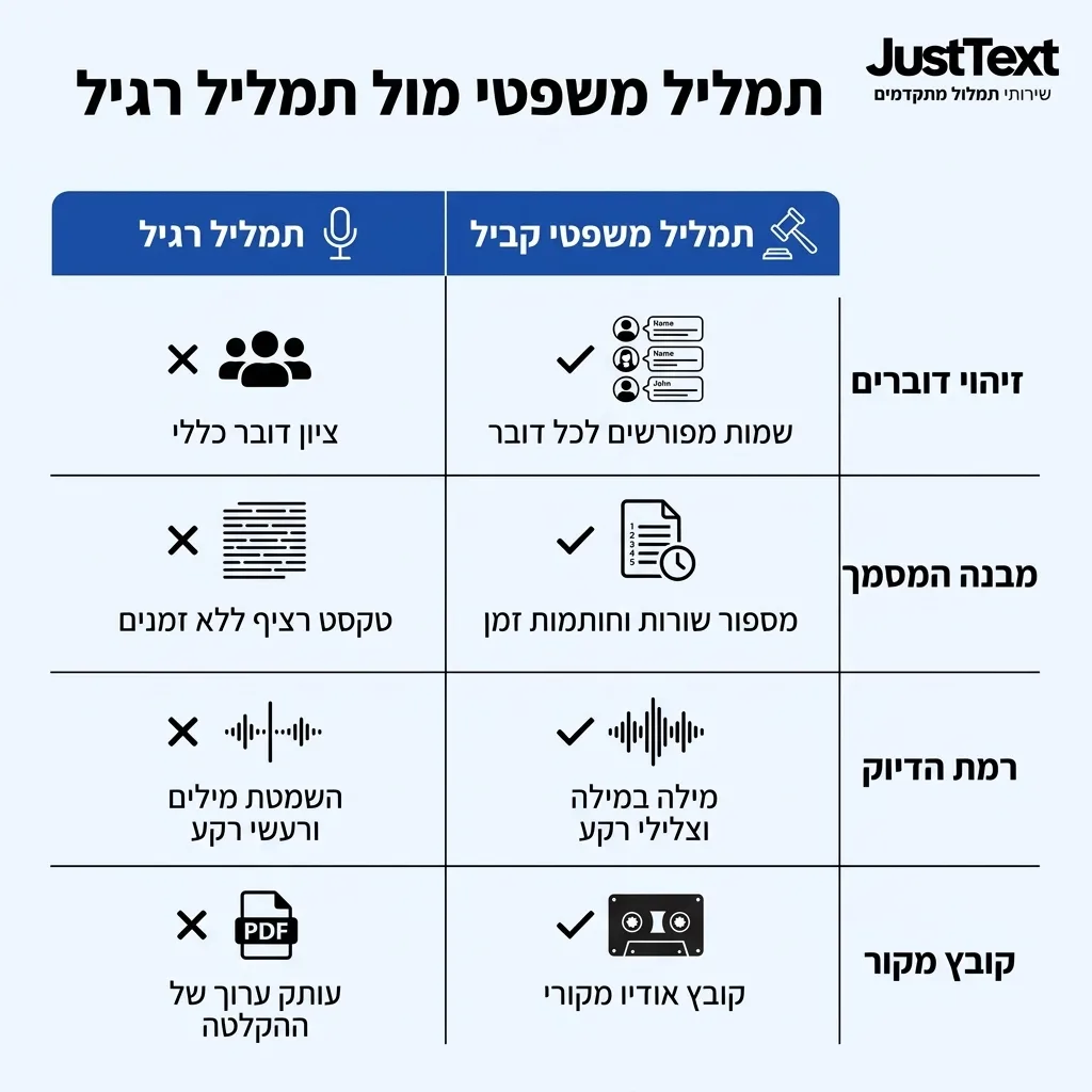 אינפוגרפיקה — תמליל משפטי מול תמליל רגיל: השוואה בין תמליל משפטי קביל, תמליל רגיל