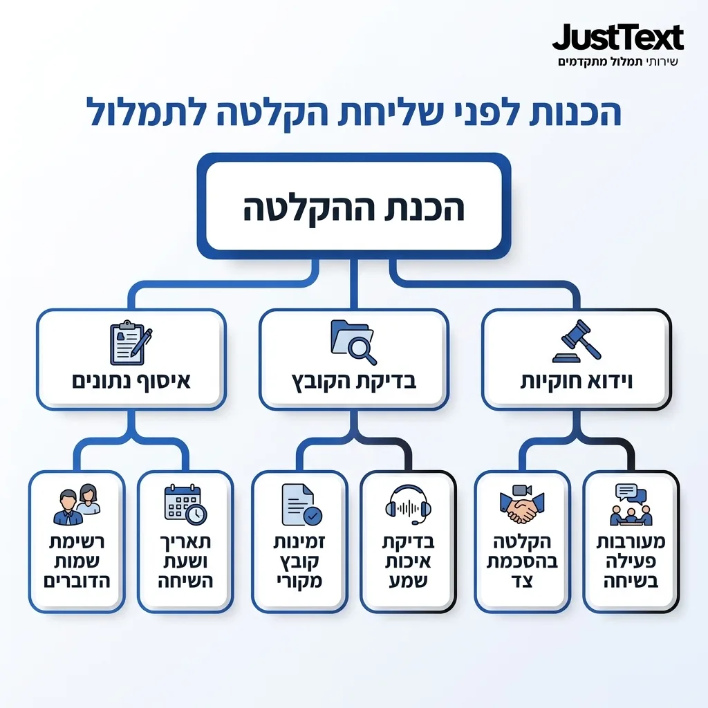 אינפוגרפיקה — הכנות לפני שליחת הקלטה לתמלול: הכנת ההקלטה